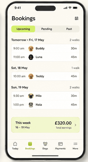 WalkWag Bookings screen showing upcoming dog walks