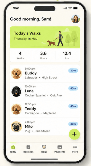 WalkWag Today screen showing a dog walker's schedule